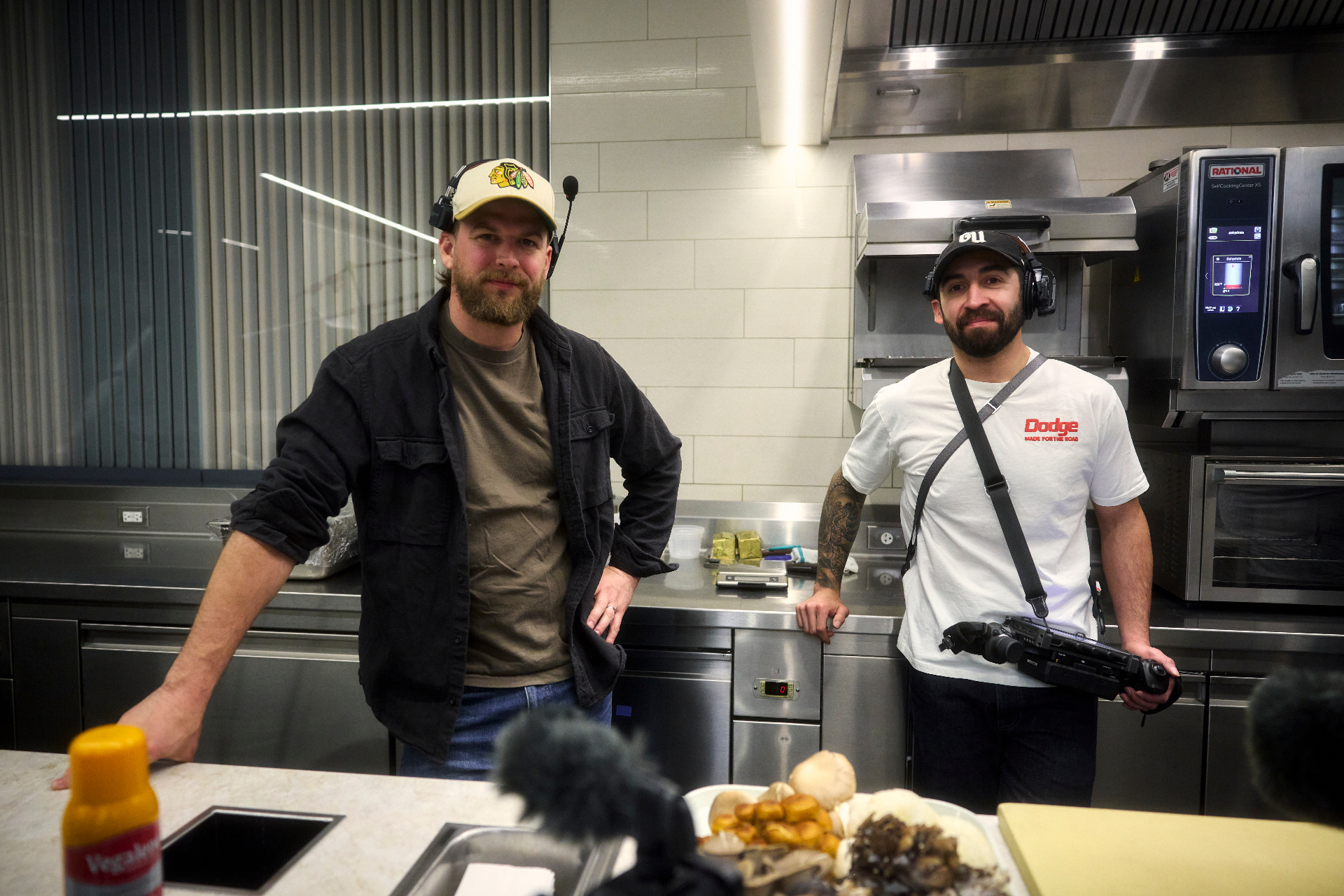 Habs and Christian on set in a production kitchen